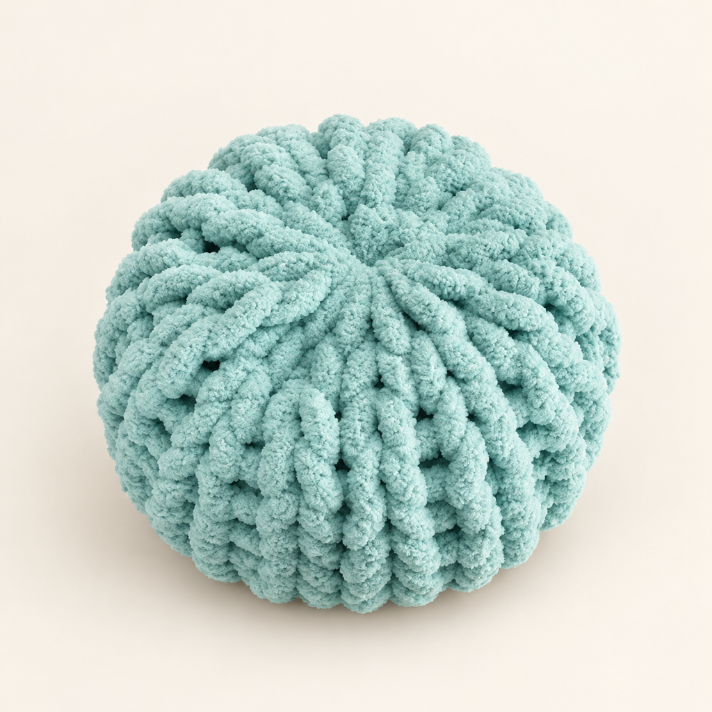 Coussin rond Vert d’eau douce en fil chenille XXL – Fil de Miel